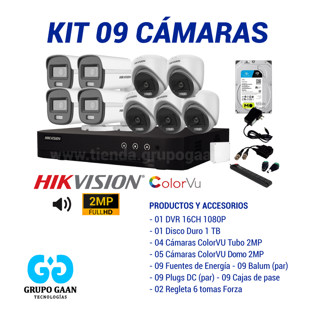 KIT 09 CÁMARAS DE SEGURIDAD - 2MP COLORVU CON AUDIO- HIKVISION