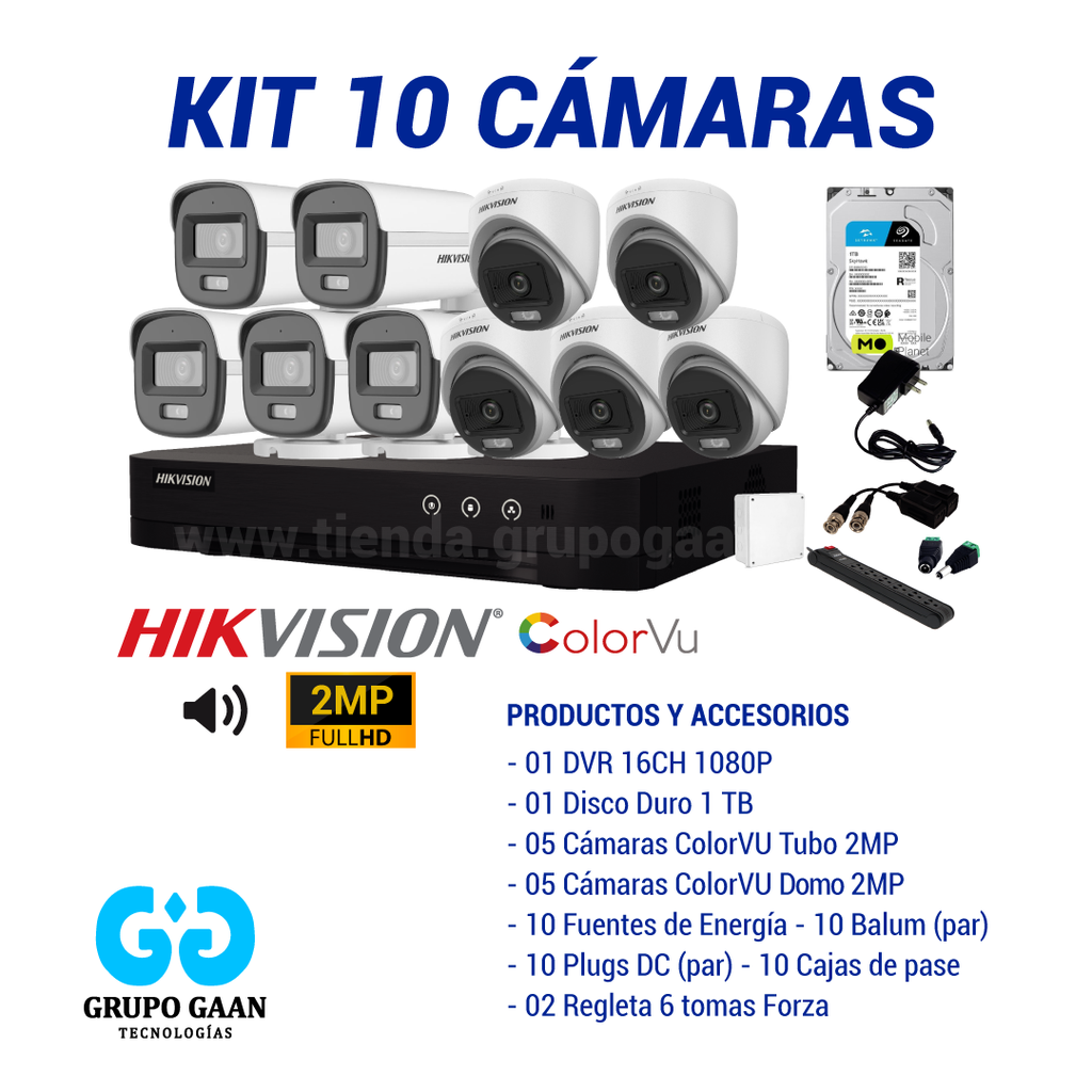 KIT 10 CÁMARAS DE SEGURIDAD - 2MP COLORVU CON AUDIO- HIKVISION