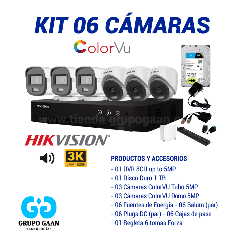 KIT 06 CÁMARAS DE SEGURIDAD - 5MP COLORVU CON AUDIO- HIKVISION