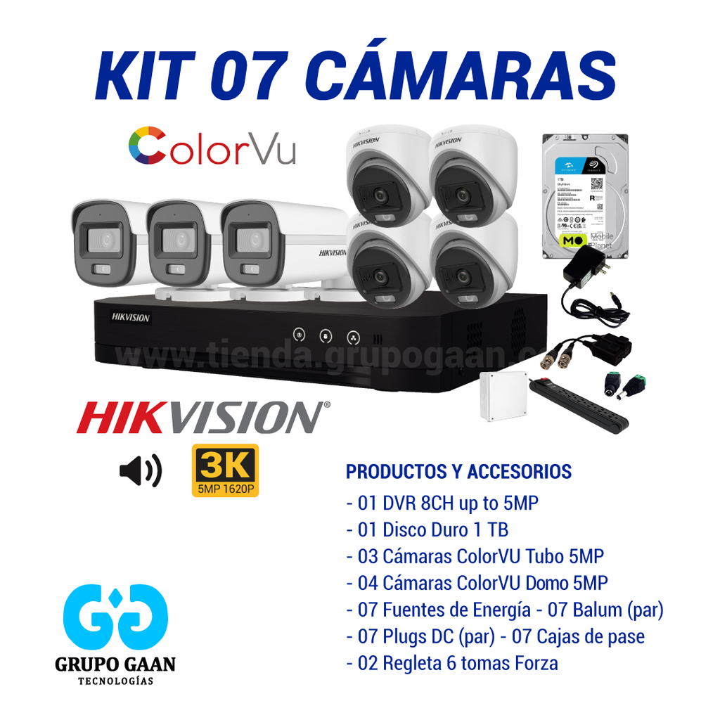 KIT 07 CÁMARAS DE SEGURIDAD - 5MP COLORVU CON AUDIO- HIKVISION