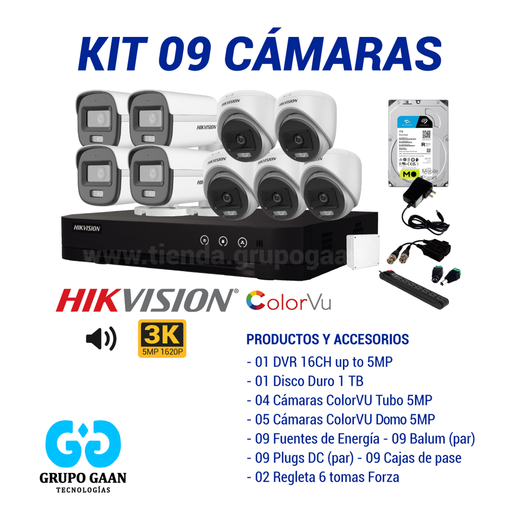 KIT 09 CÁMARAS DE SEGURIDAD - 5MP COLORVU CON AUDIO- HIKVISION