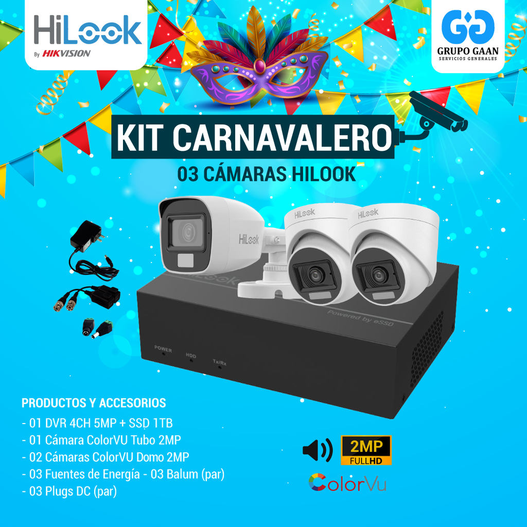 KIT 03 CÁMARAS DE SEGURIDAD - 2MP COLORVU CON AUDIO- HILOOK