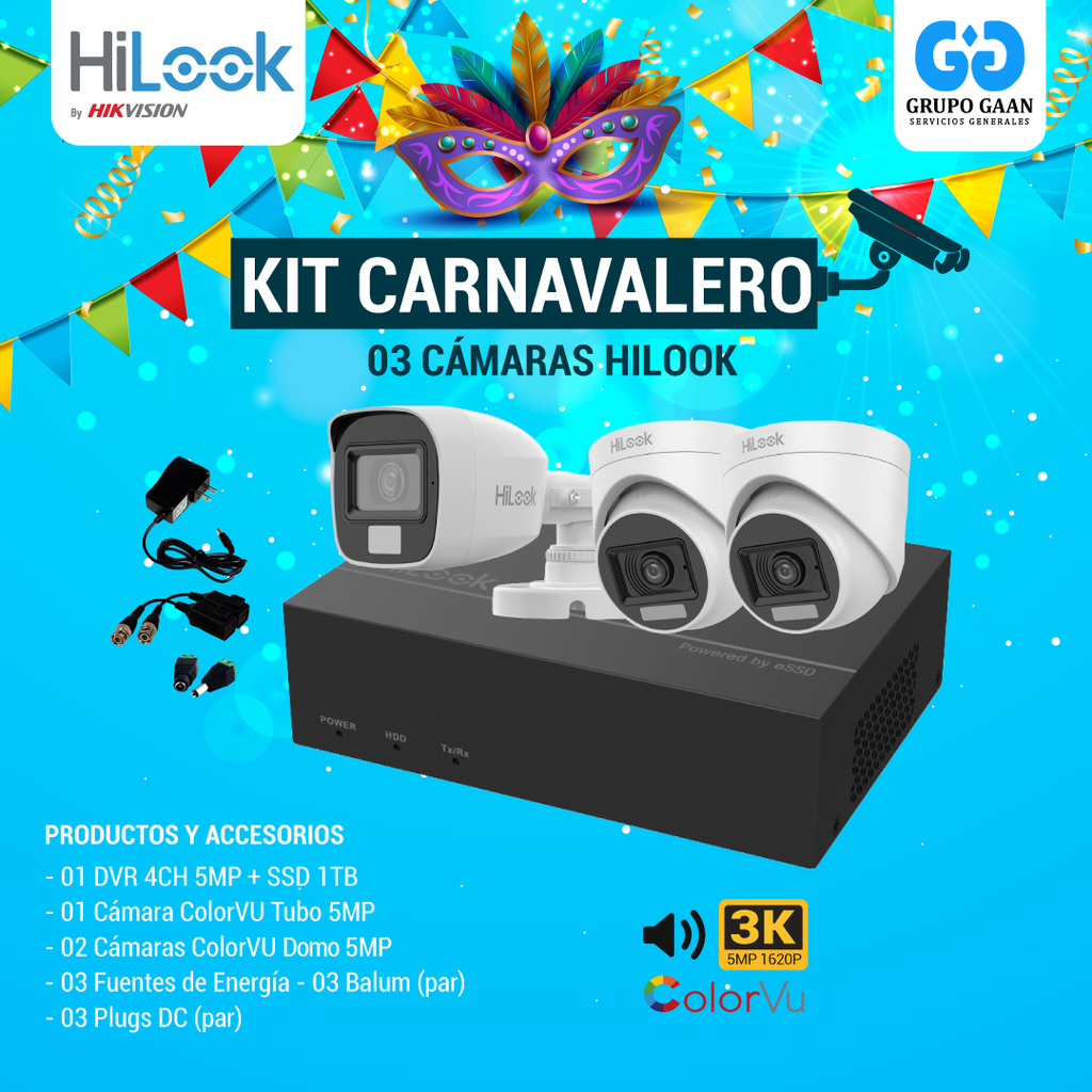 KIT 03 CÁMARAS DE SEGURIDAD - 5MP COLORVU CON AUDIO- HILOOK