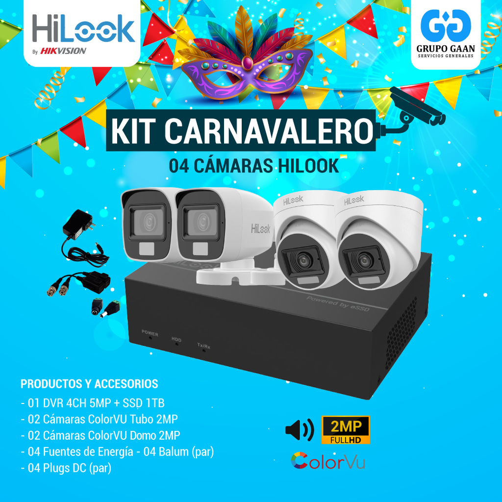 KIT 04 CÁMARAS DE SEGURIDAD - 2MP COLORVU CON AUDIO- HILOOK