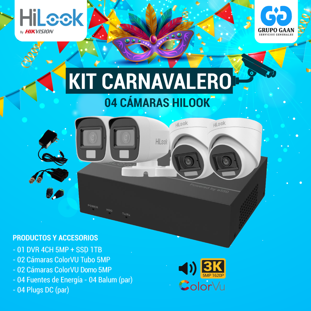 KIT 04 CÁMARAS DE SEGURIDAD - 5MP COLORVU CON AUDIO- HILOOK