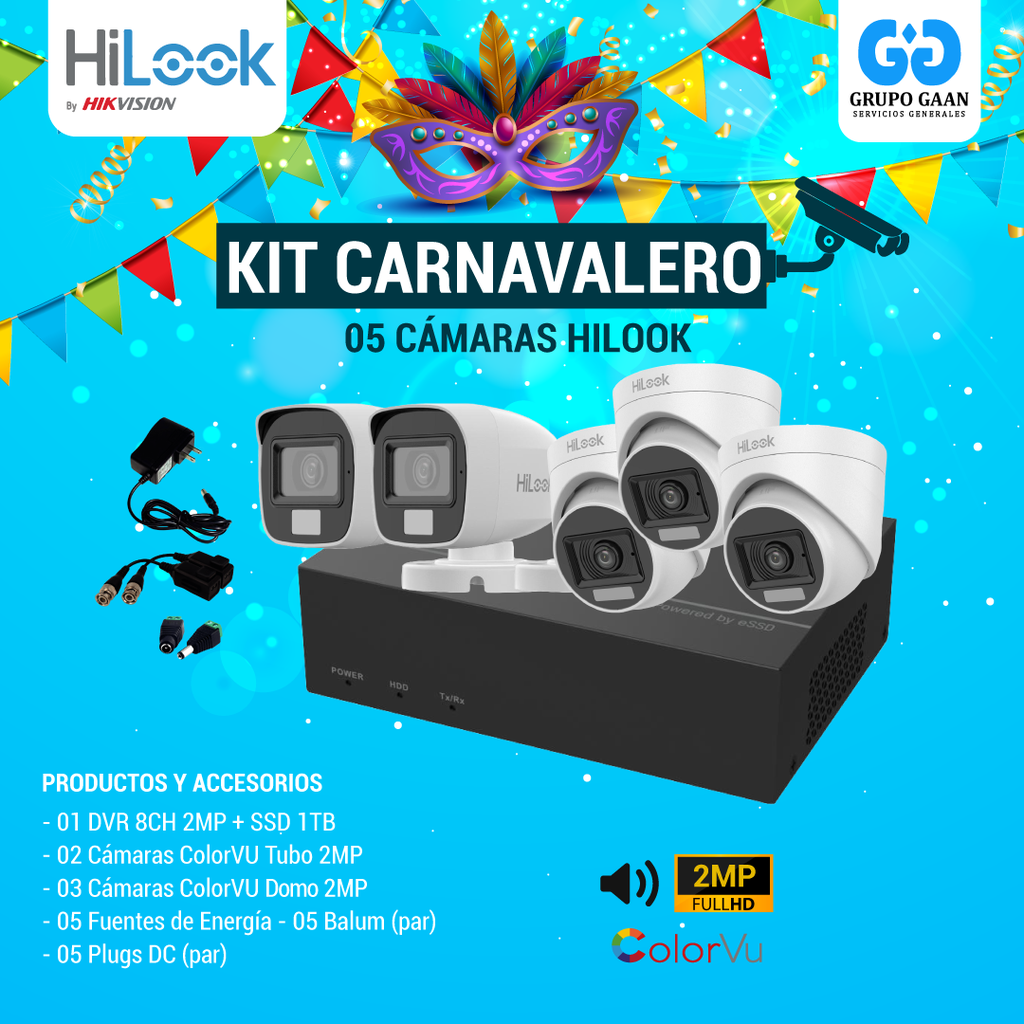 KIT 05 CÁMARAS DE SEGURIDAD - 2MP COLORVU CON AUDIO- HILOOK