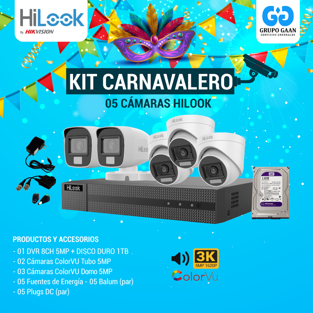 KIT 05 CÁMARAS DE SEGURIDAD - 5MP COLORVU CON AUDIO - HILOOK
