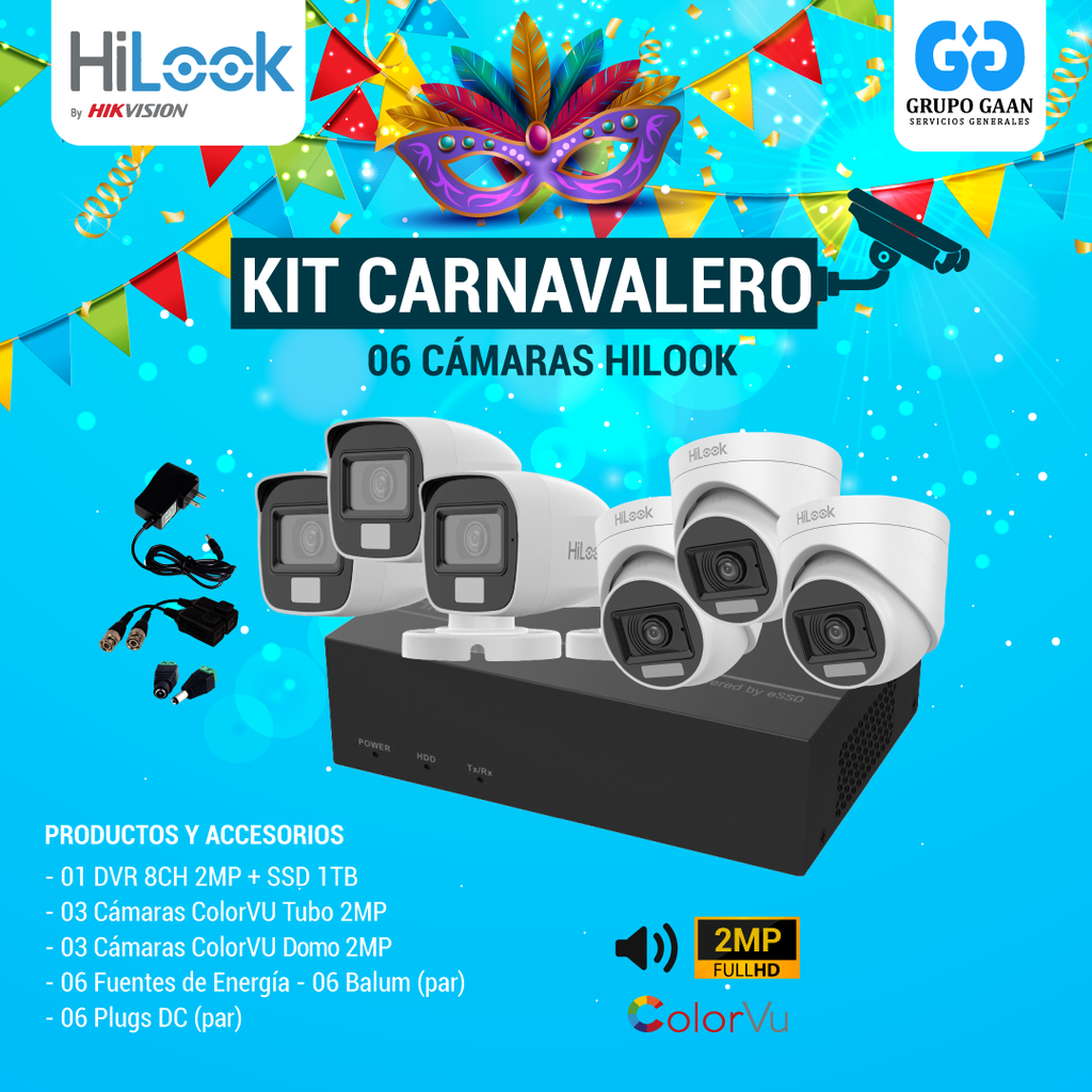 KIT 06 CÁMARAS DE SEGURIDAD - 2MP COLORVU CON AUDIO- HILOOK