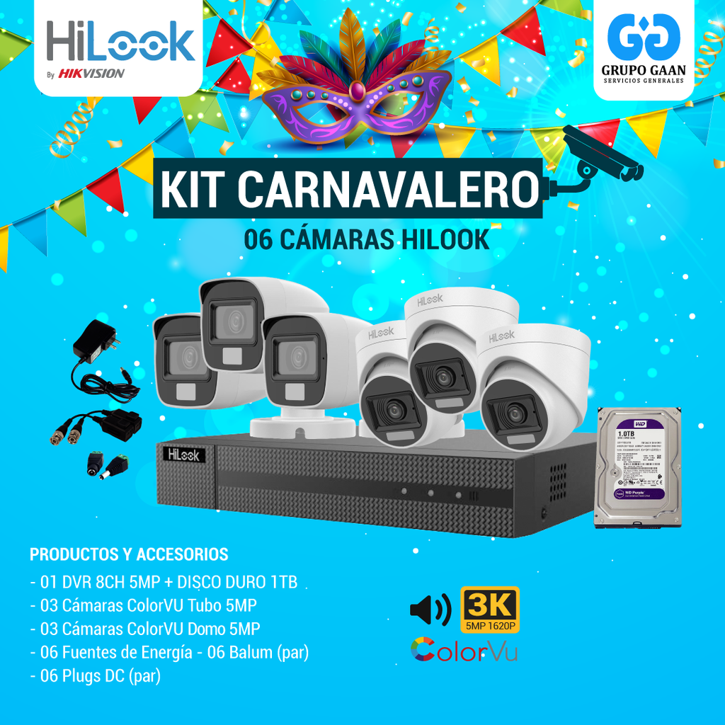 KIT 06 CÁMARAS DE SEGURIDAD - 5MP COLORVU CON AUDIO- HILOOK