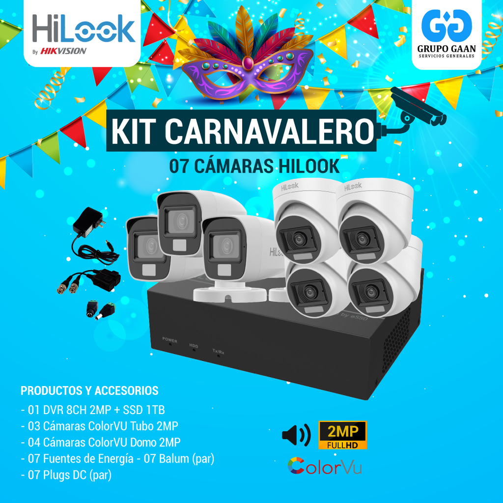 KIT 07 CÁMARAS DE SEGURIDAD - 2MP COLORVU CON AUDIO- HILOOK