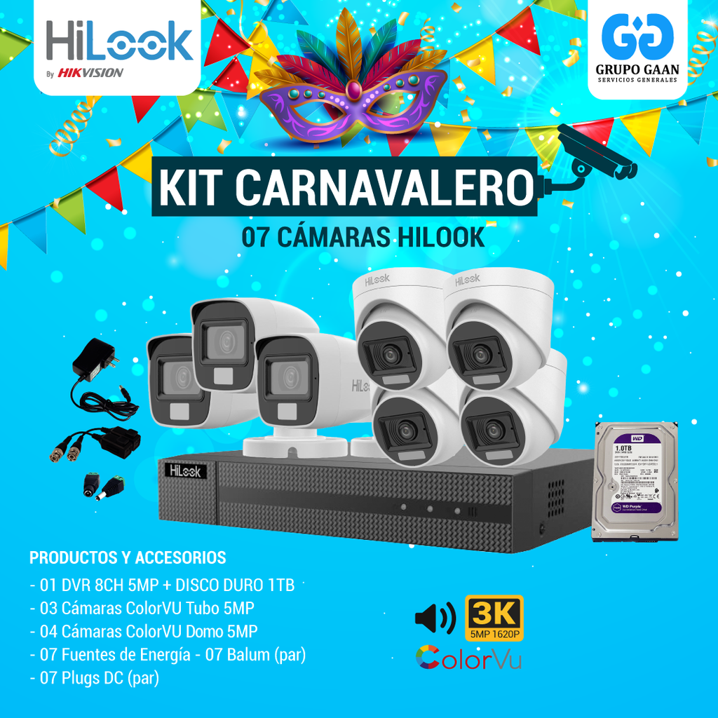 KIT 07 CÁMARAS DE SEGURIDAD - 5MP COLORVU CON AUDIO- HILOOK