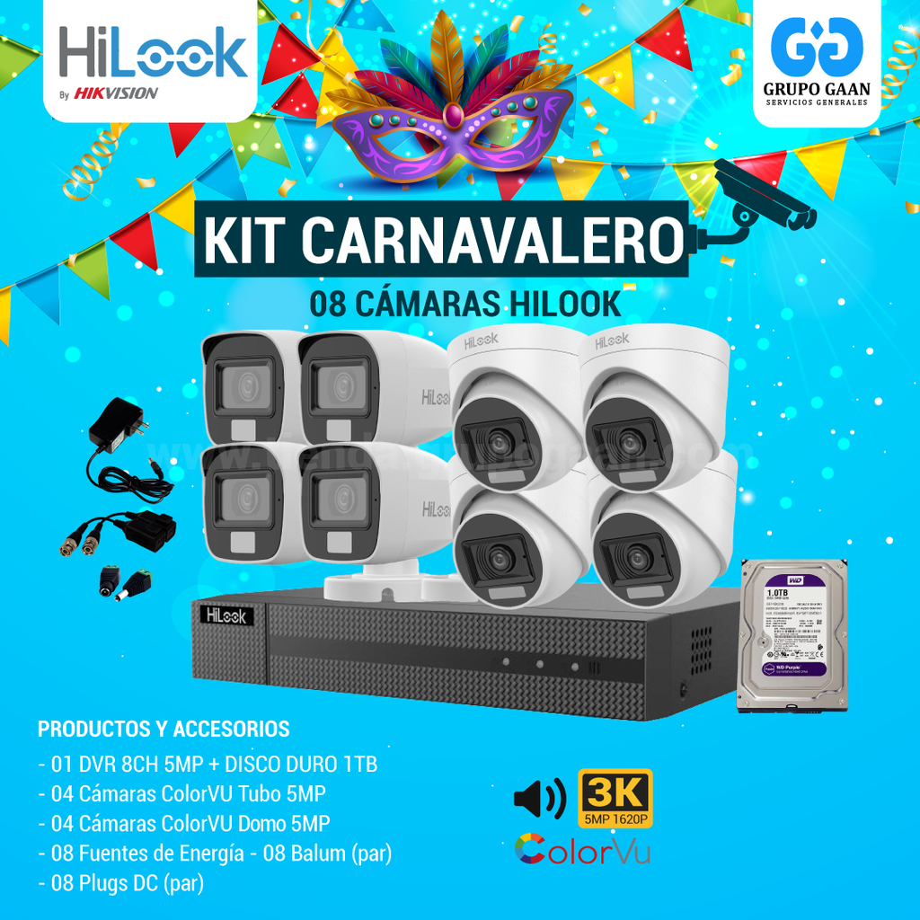 KIT 08 CÁMARAS DE SEGURIDAD - 2MP COLORVU CON AUDIO- HILOOK
